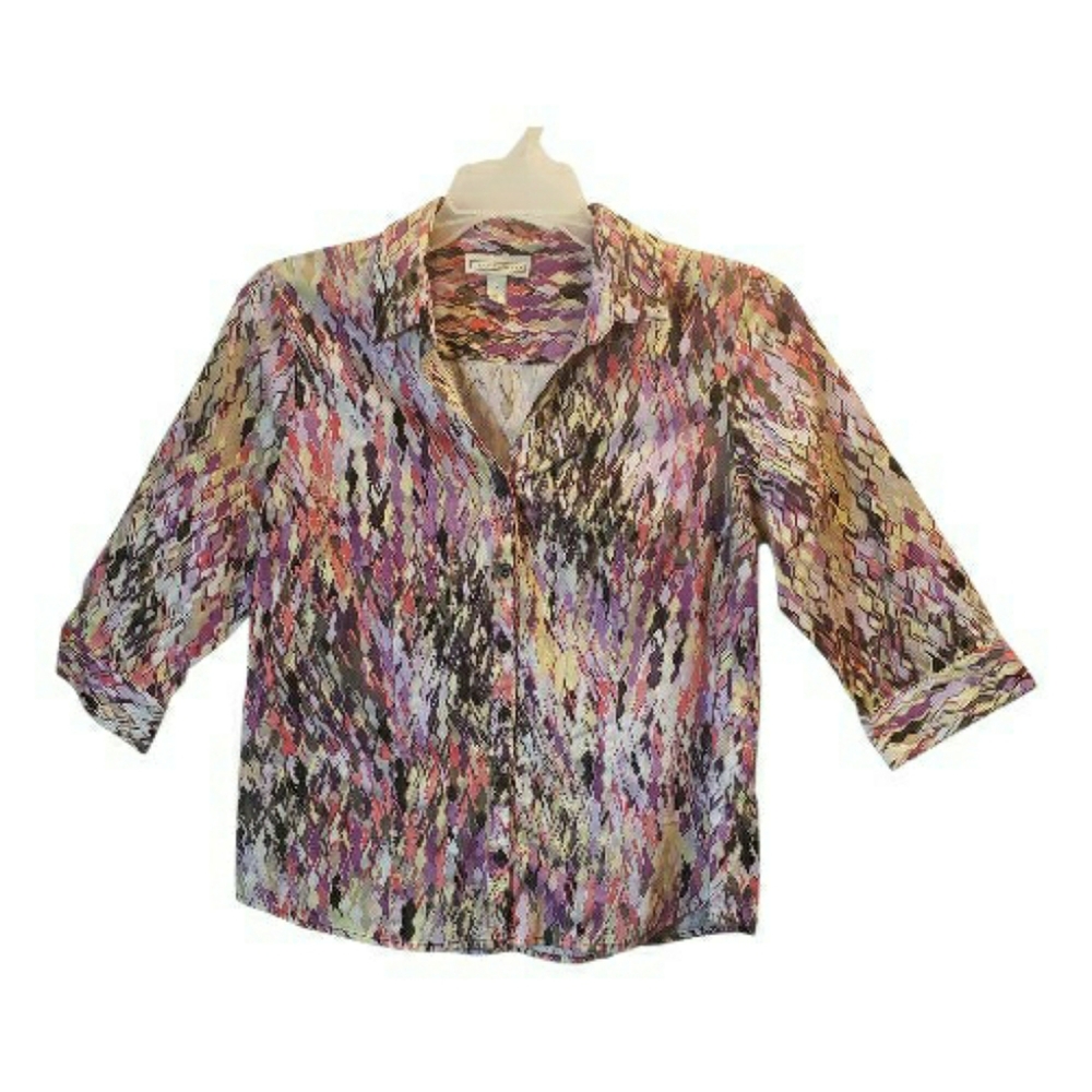 Dana Buchman lg geometric multicolor polyester blend button-up blouse. 7036